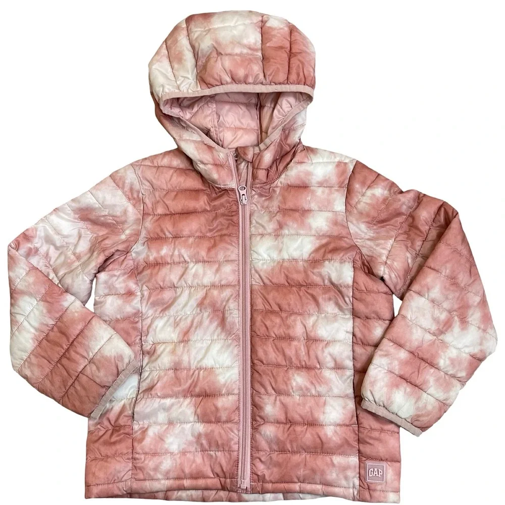 Gap Kids Puffer Jacket S Hooded Tie Dye Pink White‎ Primaloft Water Resistant